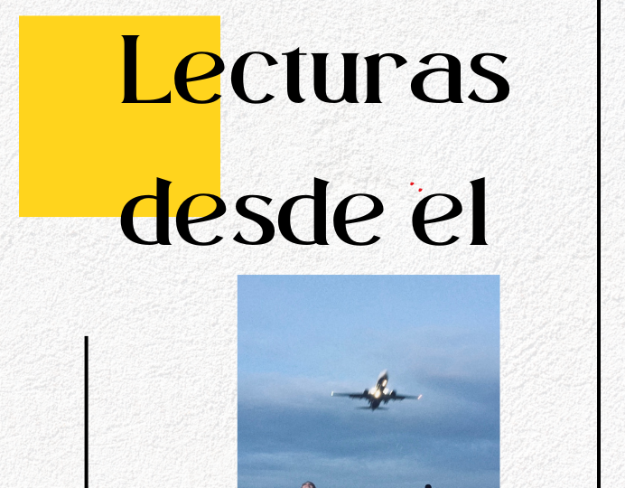 Portada de 'Lecturas desde el' sobre la escucha activa, con un avión aterrizando al fondo y personas observando, diseño con elementos gráficos en amarillo y negro