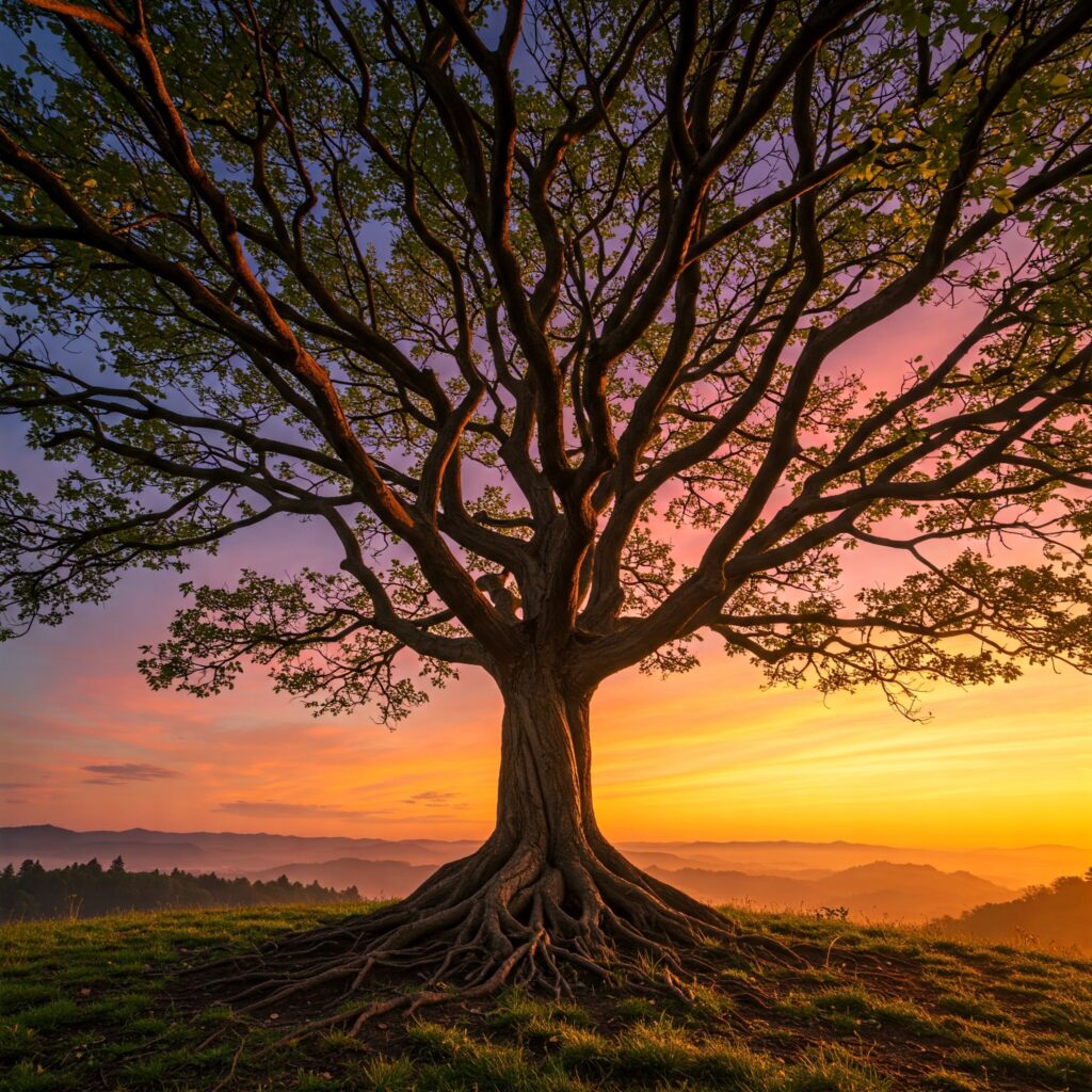 Árbol con raíces profundas al atardecer, representando la conexión, el crecimiento personal y la transformación en una bitácora de transformación personal.