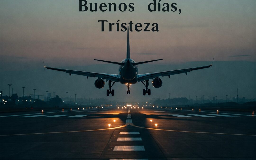 Avión aterrizando al amanecer en una pista iluminada, con el texto 'Buenos días, Tristeza'. Representación visual de la bienvenida a la tristeza en el proceso de duelo.