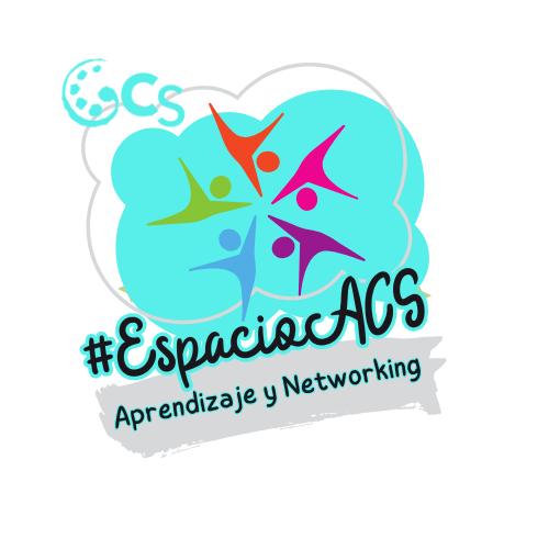 Logo de #EspacioACS, evento de la Asociación de Coaching Social centrado en aprendizaje y networking. Diseño con figuras coloridas en movimiento y texto "Aprendizaje y Networking". Relacionado con "Claves para desarrollar tu Marca Personal como Coach".