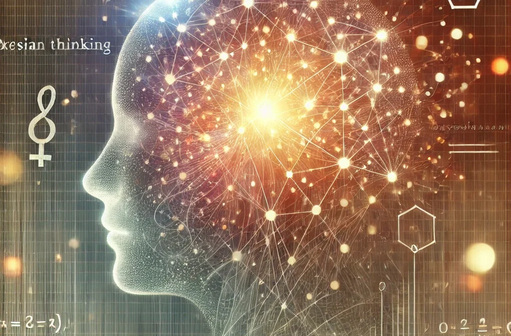 Ilustración abstracta de un cerebro iluminado con nodos interconectados, simbolizando el pensamiento bayesiano en el coaching. Fondo con ecuaciones matemáticas y tonos cálidos que transmiten claridad y reflexión.