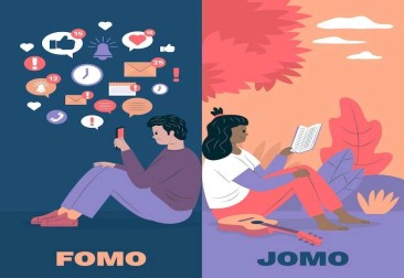 Ilustración comparativa de FOMO y JOMO. A la izquierda, una persona con móvil rodeada de notificaciones representa el FOMO (miedo a perderse algo). A la derecha, otra persona relajada leyendo y disfrutando del momento simboliza el JOMO (alegría de perderse lo innecesario).