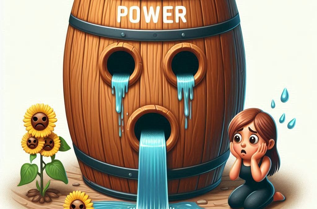 Barril de madera con la palabra "Power" perdiendo agua por tres agujeros, representando la pérdida de poder personal, junto a una mujer preocupada y girasoles tristes.